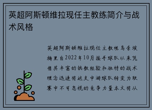 英超阿斯顿维拉现任主教练简介与战术风格