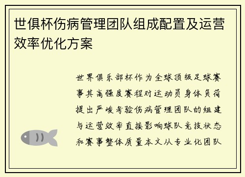 世俱杯伤病管理团队组成配置及运营效率优化方案